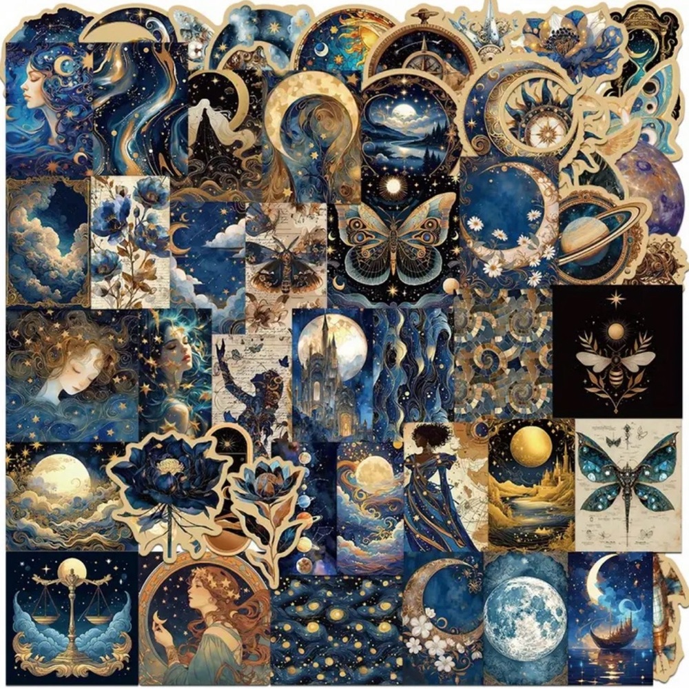 Set of 50 Golden Blue Cosmic Vortex Stickers Floral Butterfly Moon
